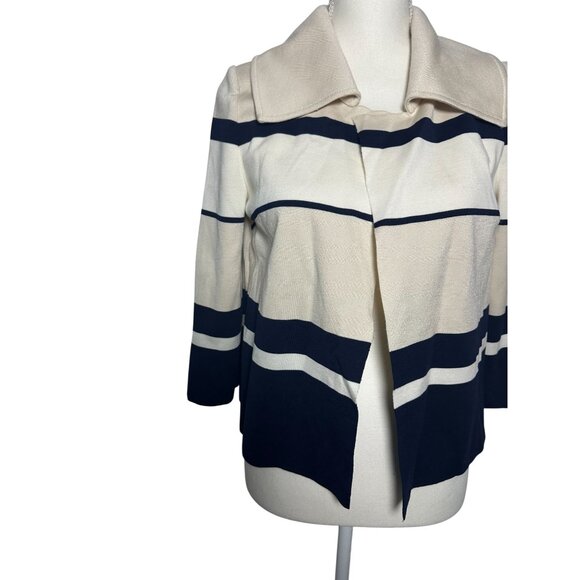 ST JOHN Striped Draped Cream Navy Sweater Jacket Size 4 - Picture 4 of 8